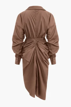 MICAS Long Sleeve Dresses|Mini Dresses-V-Neck Ruched Slit Midi Dress