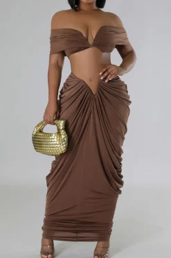 MICAS Skirt Sets|Vacation Sets-V-neck Ruched Top And V-shape Cut Waist Maxi Skirt Set