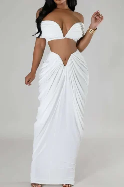 MICAS Skirt Sets|Vacation Sets-V-neck Ruched Top And V-shape Cut Waist Maxi Skirt Set