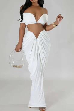MICAS Skirt Sets|Vacation Sets-V-neck Ruched Top And V-shape Cut Waist Maxi Skirt Set
