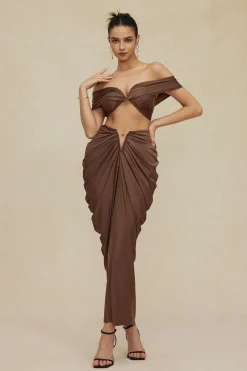 MICAS Skirt Sets|Vacation Sets-V-neck Ruched Top And V-shape Cut Waist Maxi Skirt Set