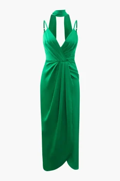 MICAS Midi Dresses-V-neck Satin Pleated Dress With Neck Scarf GREEN