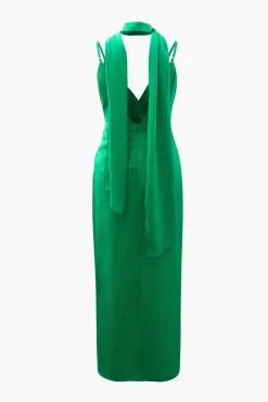 MICAS Midi Dresses-V-neck Satin Pleated Dress With Neck Scarf GREEN