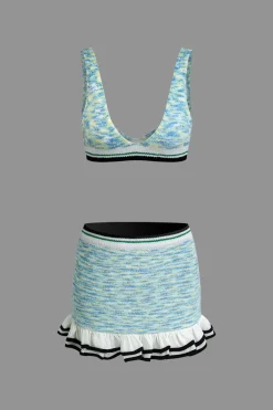 MICAS Knit Sets-V-Neck Sleeveless Knit Tank Top And Ruffle Mini Skirt Set BLUE