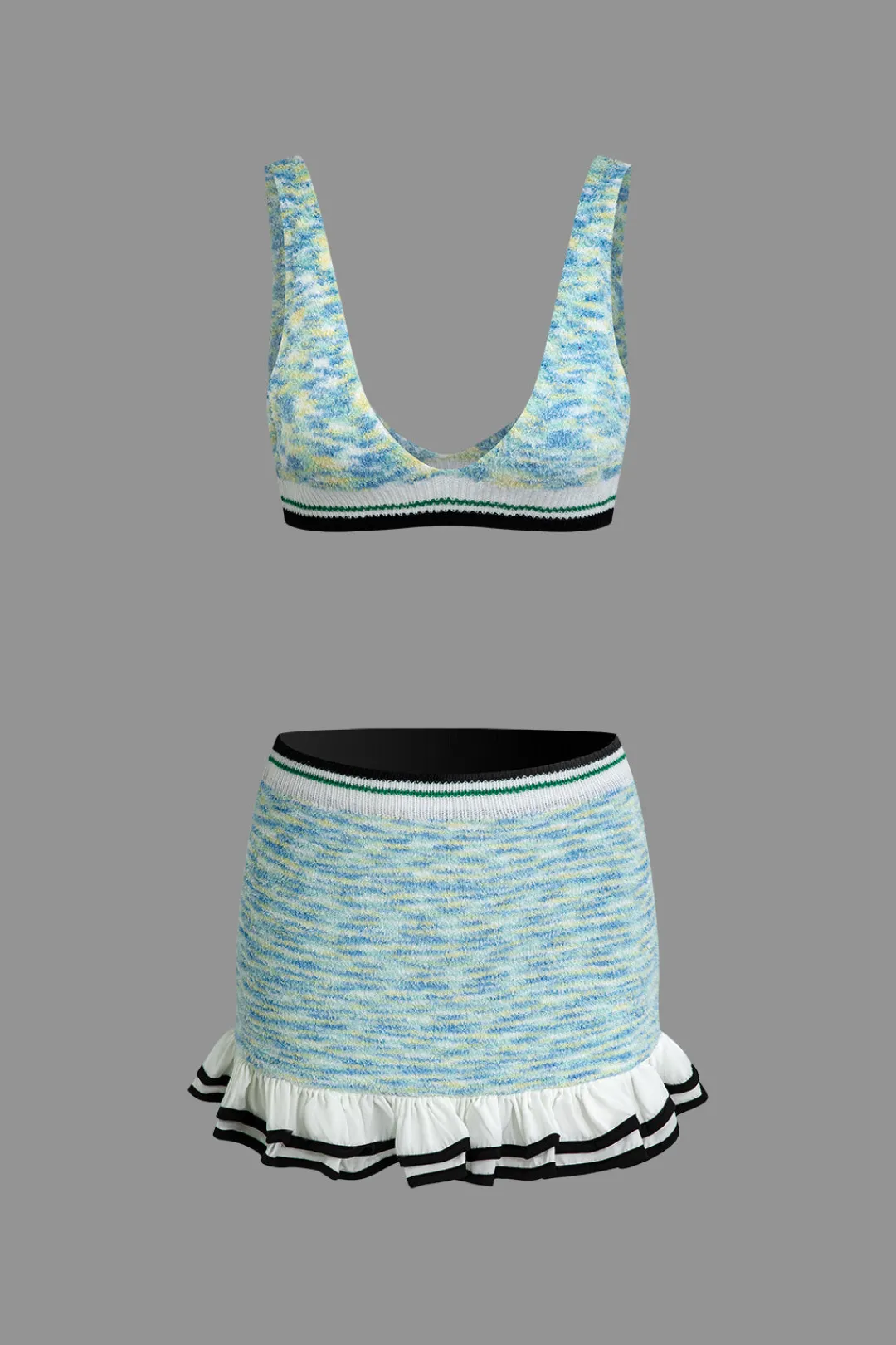 MICAS Knit Sets-V-Neck Sleeveless Knit Tank Top And Ruffle Mini Skirt Set BLUE