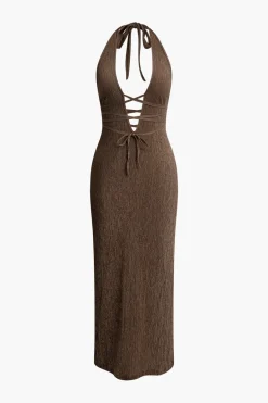 MICAS Midi Dresses-V-neck Tie Halter Slit Midi Dress COFFEE