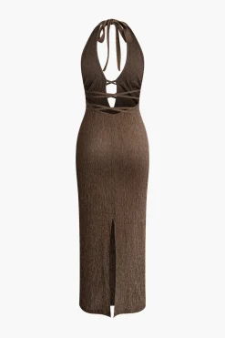 MICAS Midi Dresses-V-neck Tie Halter Slit Midi Dress COFFEE