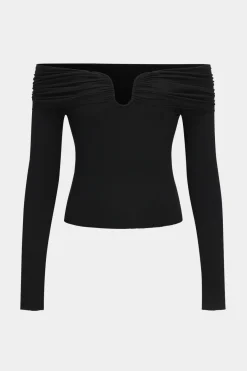 MICAS Long Sleeve Tops|Long Sleeves Tops-V-Shaped Steel Ring Off Shoulder Ruched Long-Sleeve Top BLACK