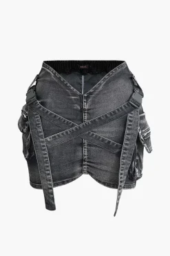 MICAS Skirts-V-waist Buckle Flap Pocket Denim Cargo Skirt