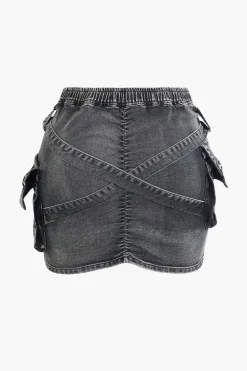 MICAS Skirts-V-waist Buckle Flap Pocket Denim Cargo Skirt