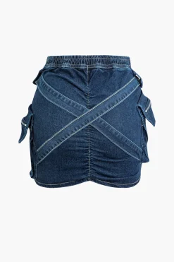 MICAS Skirts-V-waist Buckle Flap Pocket Denim Cargo Skirt