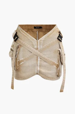 MICAS Skirts-V-waist Buckle Flap Pocket Denim Cargo Skirt