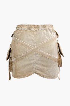MICAS Skirts-V-waist Buckle Flap Pocket Denim Cargo Skirt