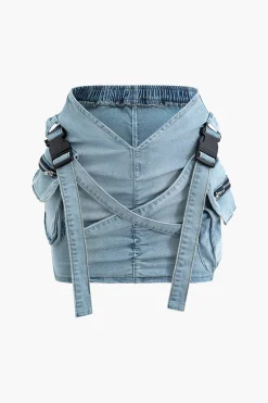 MICAS Skirts-V-waist Buckle Flap Pocket Denim Cargo Skirt