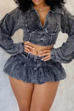 MICAS Skirt Sets-Washed Denim Crop Top And Pleated Mini Skirt Set BLACK