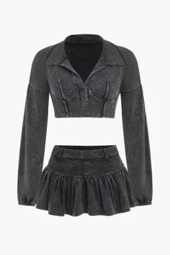 MICAS Skirt Sets-Washed Denim Crop Top And Pleated Mini Skirt Set BLACK