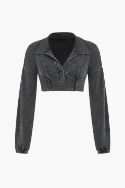 MICAS Skirt Sets-Washed Denim Crop Top And Pleated Mini Skirt Set BLACK