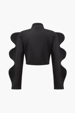 MICAS Outerwear|Outerwear-Wave Sleeve Buttoned Stand Collar Crop Jacket BLACK