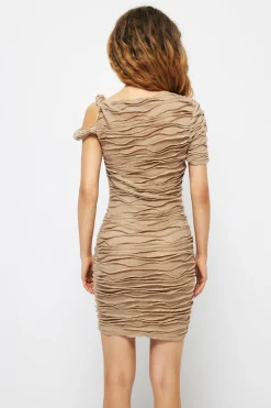 MICAS Mini Dresses-Wave Texture Twist Asymmetrical Mini Dress KHAKI