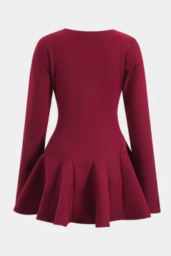 MICAS Long Sleeve Dresses|Mini Dresses-Woolen Round Neck Long Sleeve Puff Mini Dress BURGUNDY