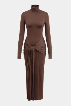MICAS Long Sleeve Dresses|Maxi Dresses-Wrap Ruched High Neck Long Sleeve Maxi Dress