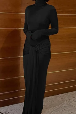 MICAS Long Sleeve Dresses|Maxi Dresses-Wrap Ruched High Neck Long Sleeve Maxi Dress