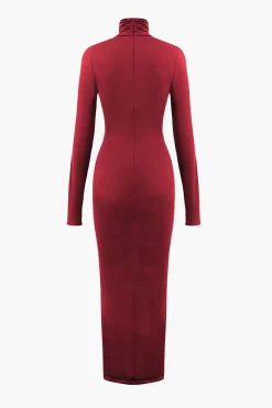 MICAS Long Sleeve Dresses|Maxi Dresses-Wrap Ruched High Neck Long Sleeve Maxi Dress