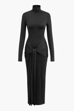 MICAS Long Sleeve Dresses|Maxi Dresses-Wrap Ruched High Neck Long Sleeve Maxi Dress