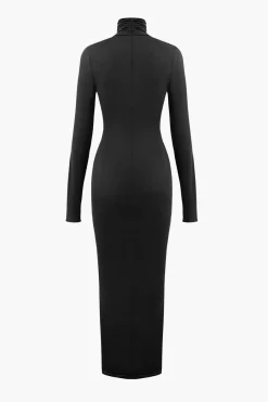 MICAS Long Sleeve Dresses|Maxi Dresses-Wrap Ruched High Neck Long Sleeve Maxi Dress
