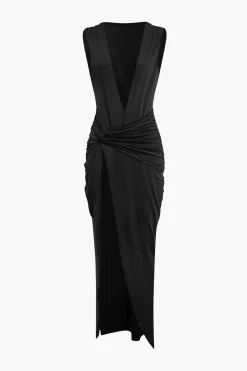 MICAS Maxi Dresses-Wrap Ruched Slit Deep V-neck Sleeveless Maxi Dress BLACK