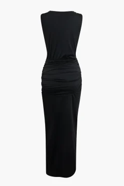 MICAS Maxi Dresses-Wrap Ruched Slit Deep V-neck Sleeveless Maxi Dress BLACK