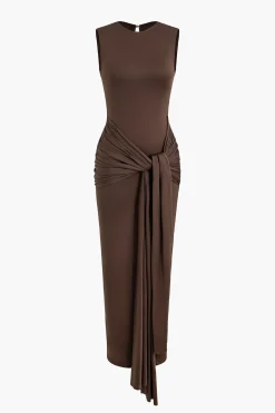 MICAS Maxi Dresses-Wrap Tie Sleeveless Maxi Dress COFFEE
