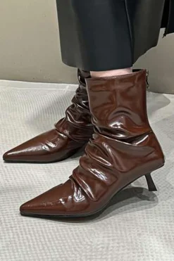 MICAS Shoes|Boots-Wrinkled Faux Leather Pointed Ankle Boots BROWN