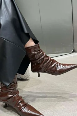 MICAS Shoes|Boots-Wrinkled Faux Leather Pointed Ankle Boots BROWN