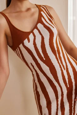 MICAS Midi Dresses-Zebra Print Asymmetrical Midi Dress BROWN