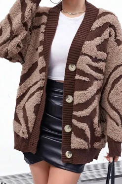 MICAS Outerwear|Outerwear-Zebra Stripe Textured Sweater Cardigan BROWN