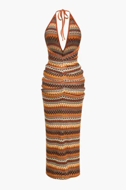 MICAS Knitwear|Maxi Dresses-Zigzag Stripe Halter Backless Knit Maxi Dress MULTICOLOR