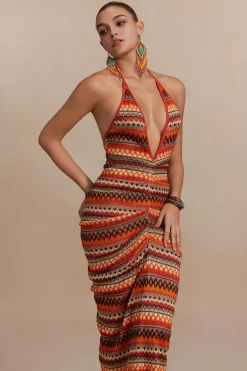 MICAS Knitwear|Maxi Dresses-Zigzag Stripe Halter Backless Knit Maxi Dress MULTICOLOR