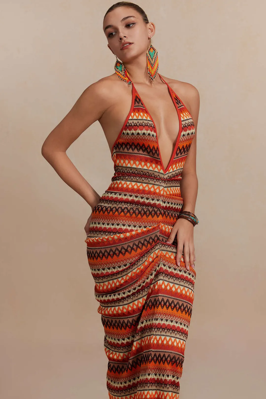 MICAS Knitwear|Maxi Dresses-Zigzag Stripe Halter Backless Knit Maxi Dress MULTICOLOR
