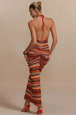 MICAS Knitwear|Maxi Dresses-Zigzag Stripe Halter Backless Knit Maxi Dress MULTICOLOR