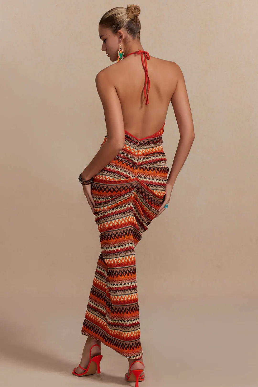 MICAS Knitwear|Maxi Dresses-Zigzag Stripe Halter Backless Knit Maxi Dress MULTICOLOR