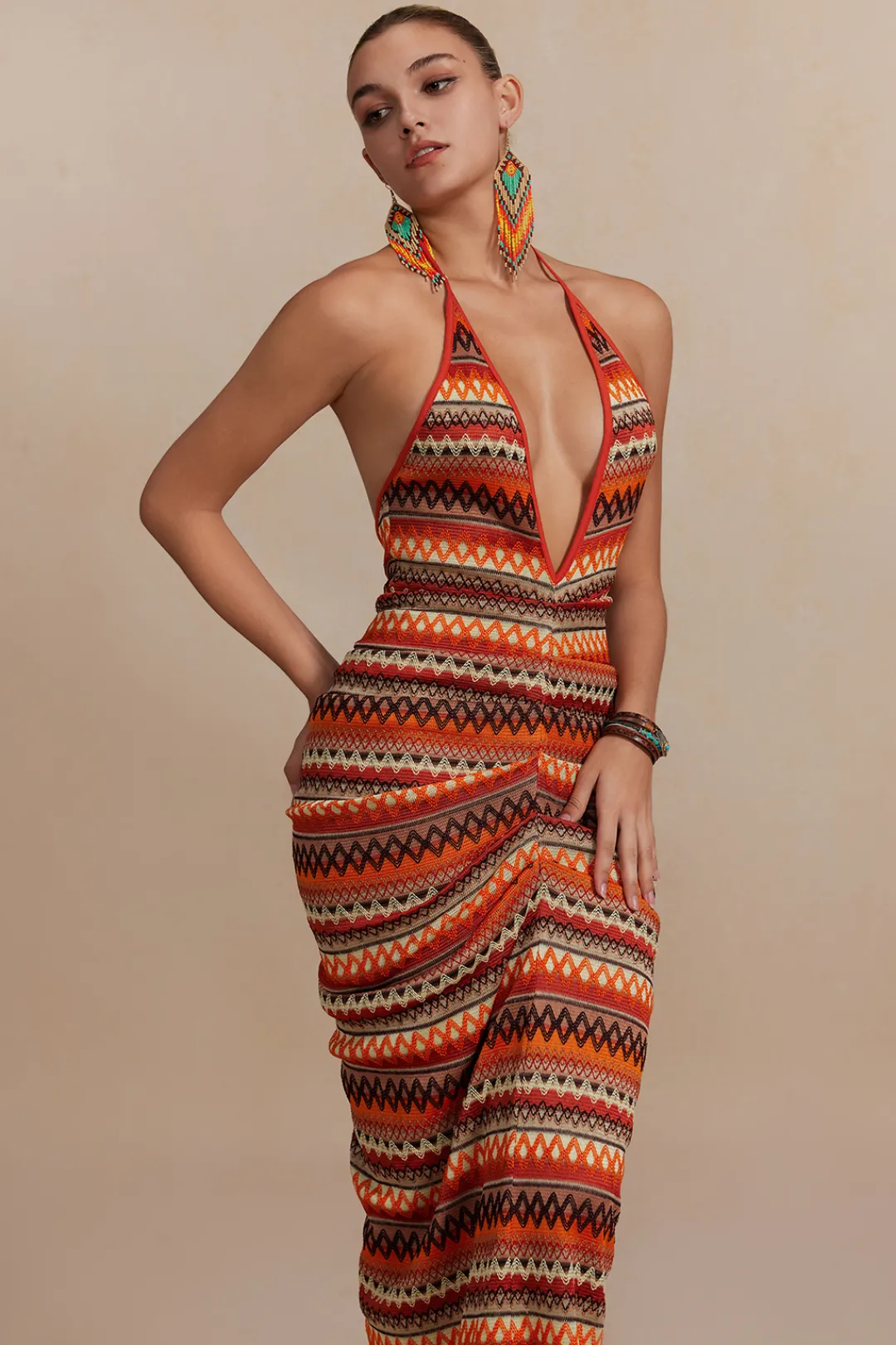 MICAS Knitwear|Maxi Dresses-Zigzag Stripe Halter Backless Knit Maxi Dress MULTICOLOR