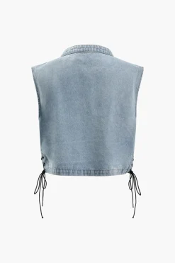 MICAS Outerwear|Outerwear-Zip Up Side Tie Denim Sleeveless Top LIGHT WASH BLUE