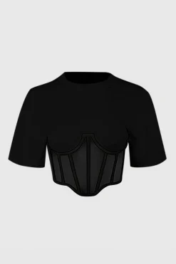 MICAS Corset & Bustier Tops|T-Shirts-Zipper Short Sleeve Round Neck Corset Waist T-Shirt