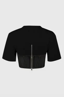 MICAS Corset & Bustier Tops|T-Shirts-Zipper Short Sleeve Round Neck Corset Waist T-Shirt