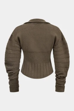 MICAS Knitwear|Knit Tops-Zippered Sweater Long-Sleeve Top TAN